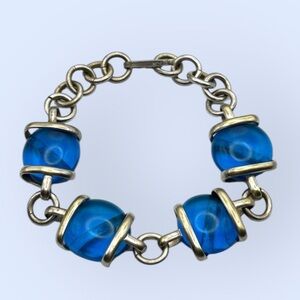 Vintage 925 Sterling Silver Wrapped Blue Glass Adjustable Bracelet 8”